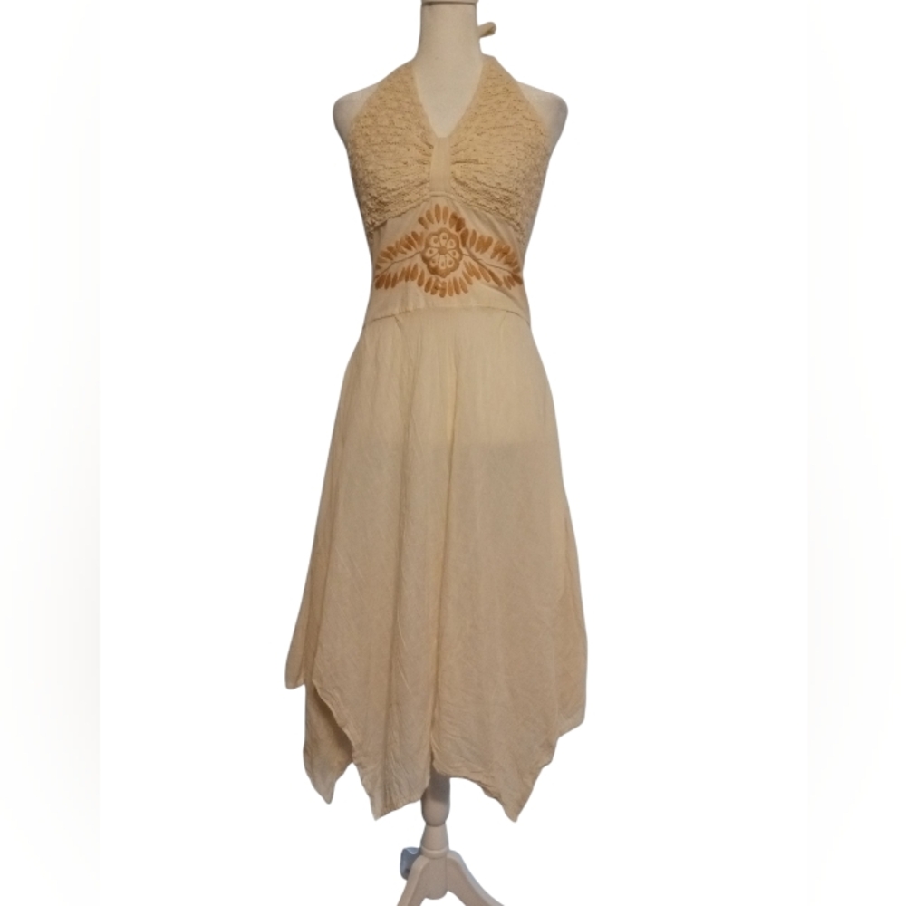 Elegant Cream Halter Handmade Mexican Embroidered  Dress